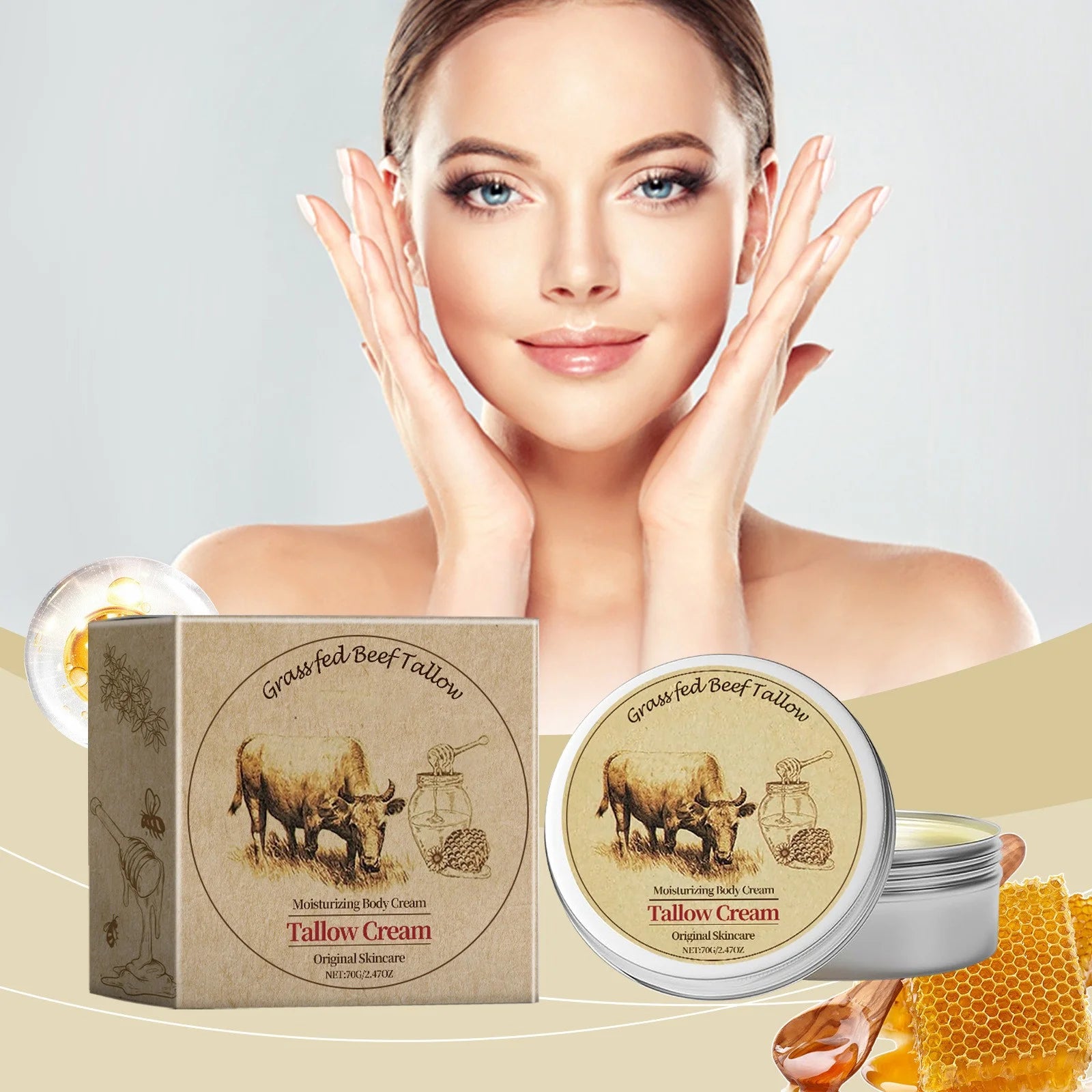 Beef Tallow for Skin, Tallow and Honey Cream, Organic Beef Tallow Balm for Face Moisturizer with Wild Honey for All Purpose Balm