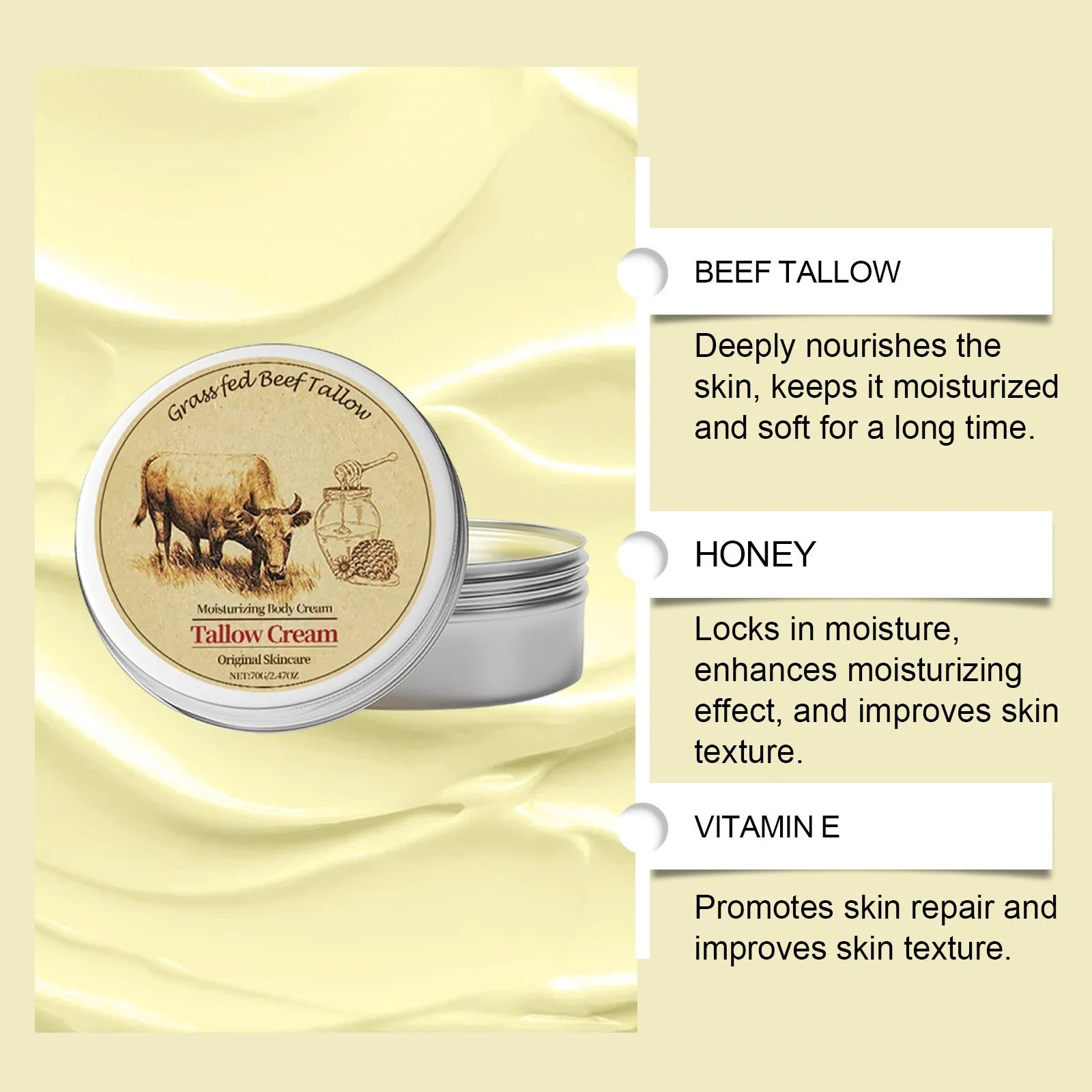 Beef Tallow for Skin, Tallow and Honey Cream, Organic Beef Tallow Balm for Face Moisturizer with Wild Honey for All Purpose Balm
